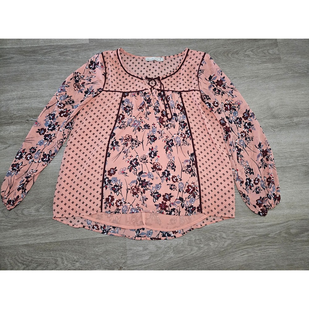 Abercrombie Fitch Womens M Peach Floral Geometric Tie Neck Blouse Vintage Style